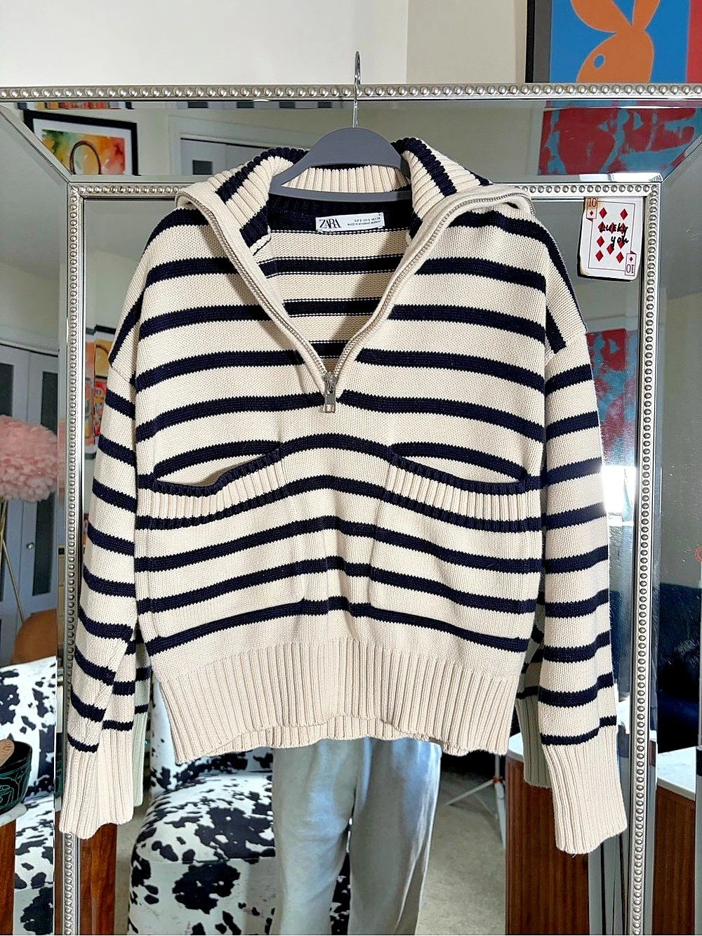 Zara Striped Knit Zip-Up Jumper White & Black Medium